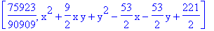 [75923/90909, x^2+9/2*x*y+y^2-53/2*x-53/2*y+221/2]